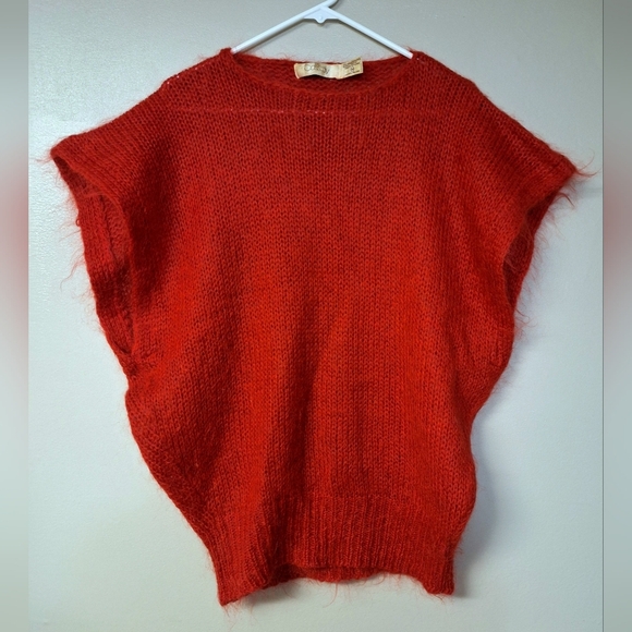 Vintage Cassidy Mohair Blend Cap Sleeve Oversize Crochet Knit Sweater Y2K Red - Picture 2 of 13